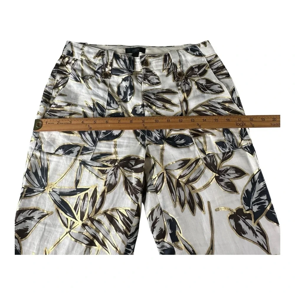 J. Crew Women's Garden Pant Cropped Gold Foil Leaf 100% Linen‎ Size 00